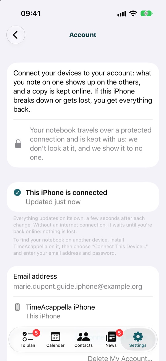 Settings, Account, once signed in: the iPhone is connected, and the list of your devices