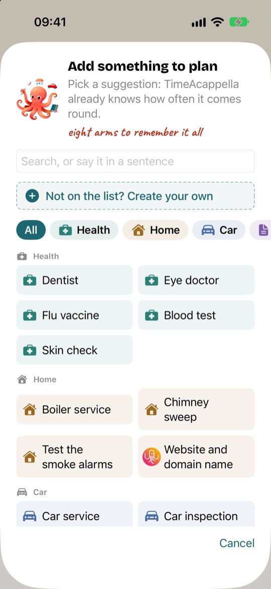 Add something to plan: the search box, then the suggestions sorted by category