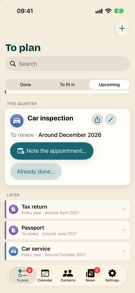 The Upcoming list: the car inspection opened out, planned for around December