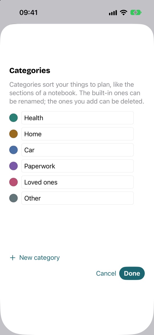 The categories, each with its own colour, and New category