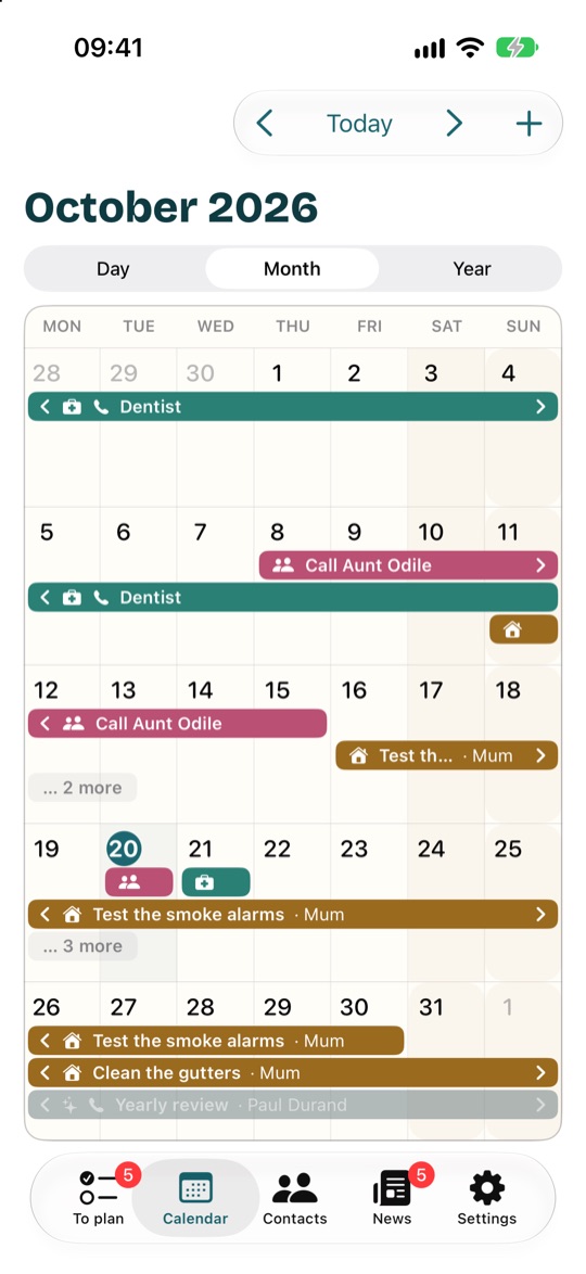 The calendar in Month view: each thing stretches across the days when it's the right moment