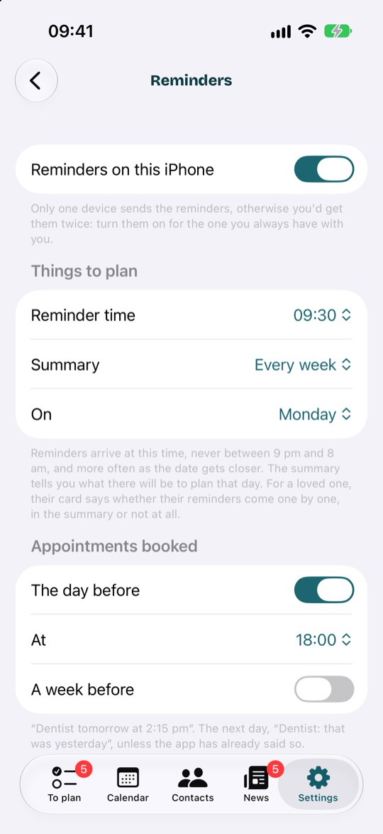 Settings, Reminders: the reminder time, the summary, and reminders for appointments booked