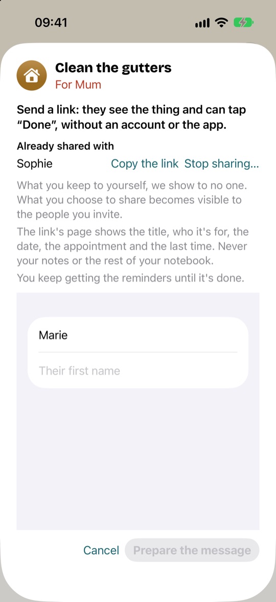 Sharing the gutter cleaning: already shared with Sophie, with “Copy the link” and “Stop sharing”, then your first name and theirs for a new link