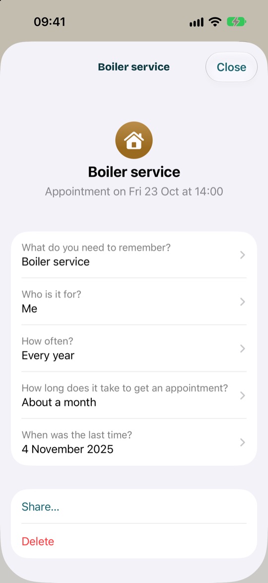 The details of Boiler service: its answers, then Share and Delete