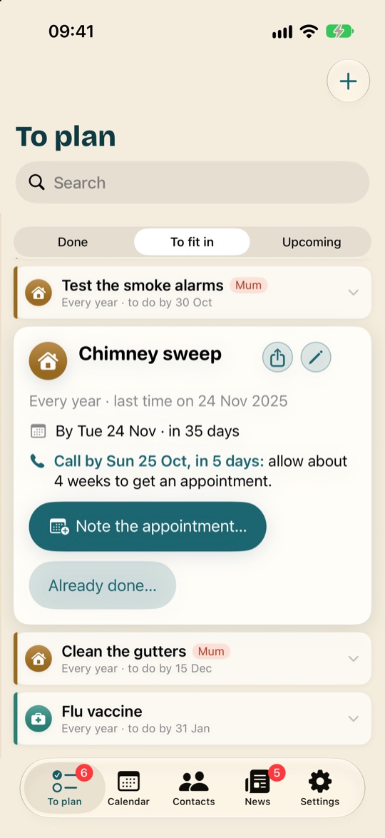 Chimney sweep opened out: call by a given day, and the “Note the appointment…” button