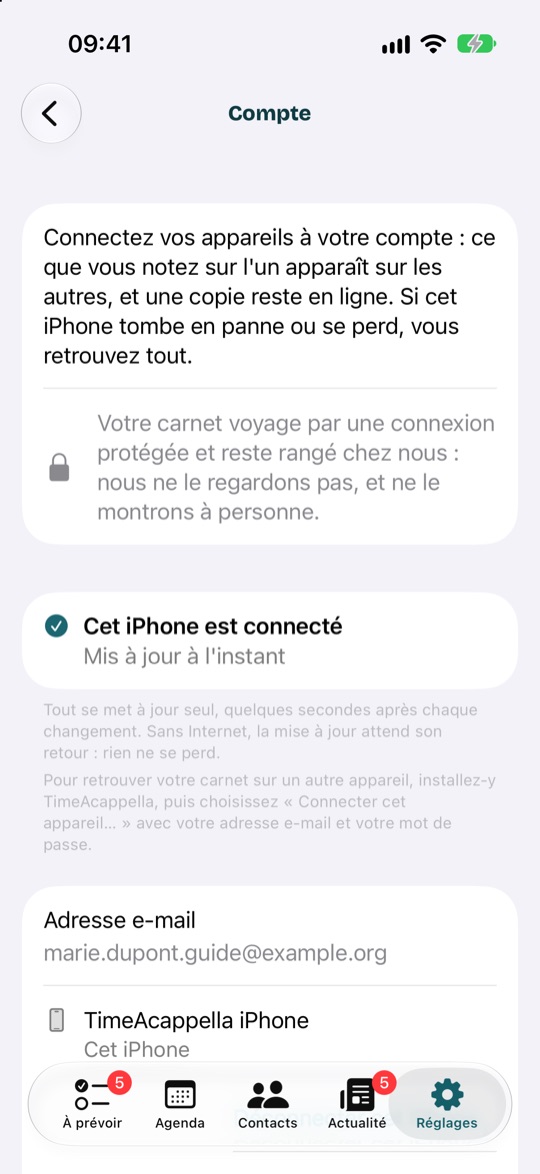 Réglages, Compte, une fois connecté : l'iPhone est connecté, et la liste de vos appareils