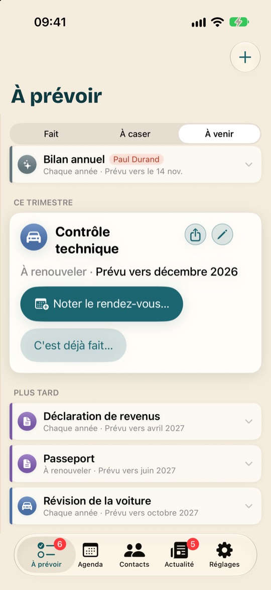 La liste À venir : le contrôle technique déplié, prévu vers décembre