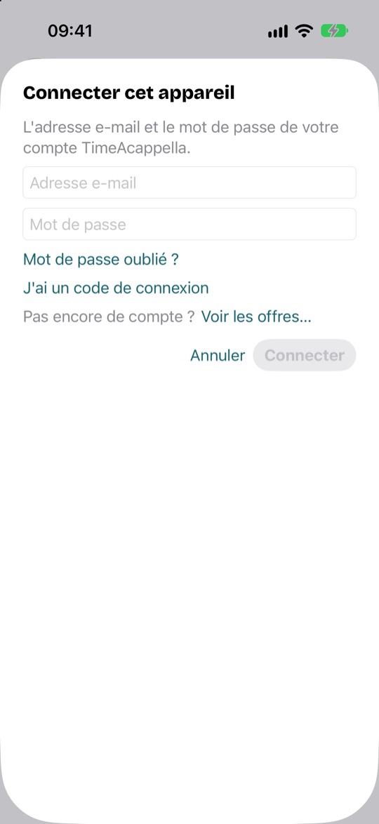Connecter cet appareil : l'adresse e-mail et le mot de passe du compte