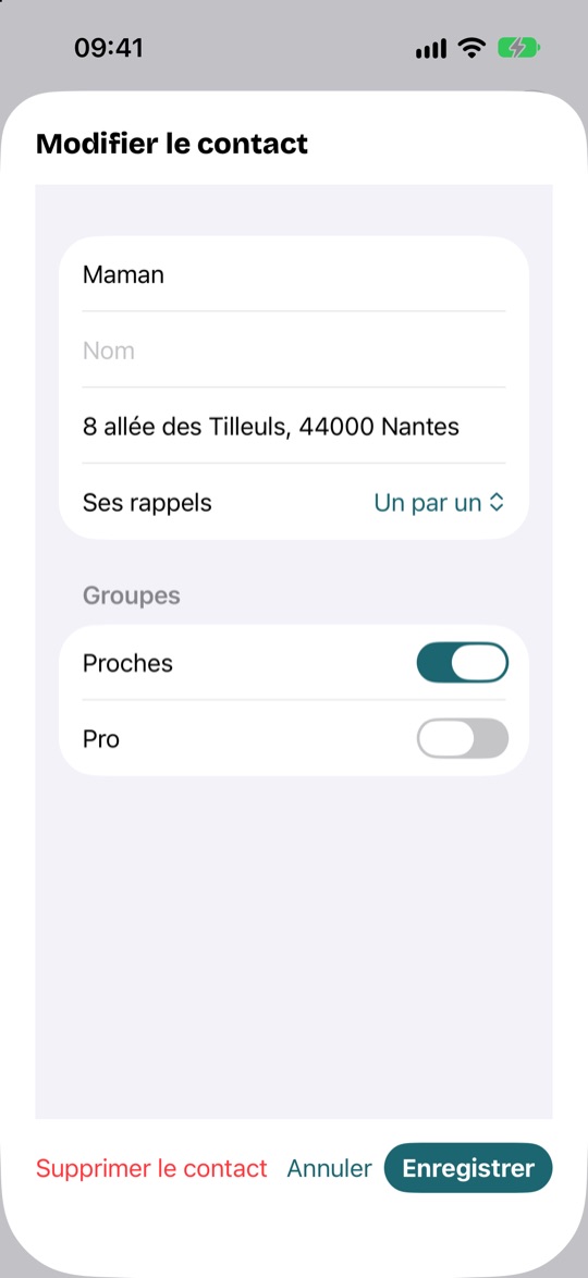 La fiche de Maman : prénom, adresse, ses rappels, ses groupes