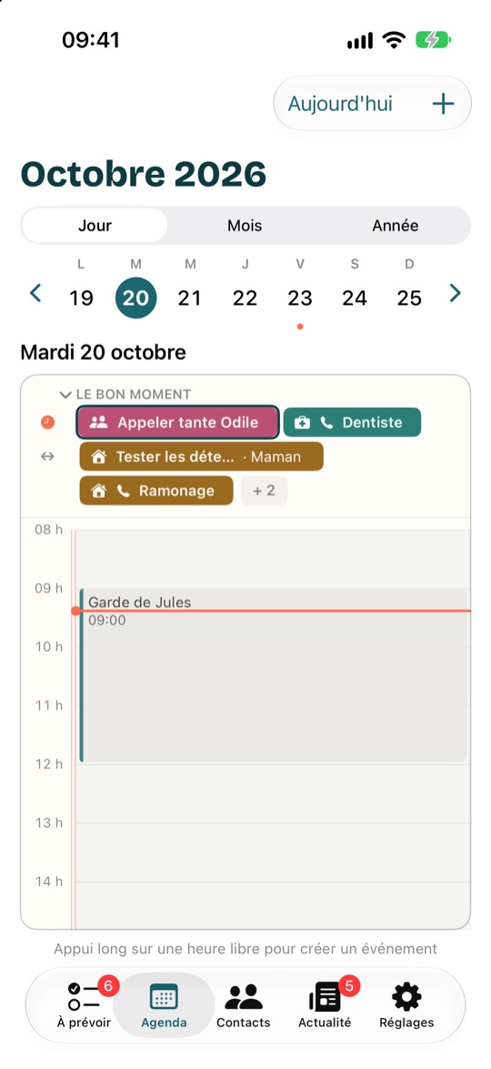 L'agenda en vue Jour : la semaine en haut, la bande Le bon moment, puis les heures de la journée