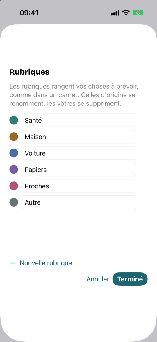Les rubriques : chacune avec sa couleur, et Nouvelle rubrique