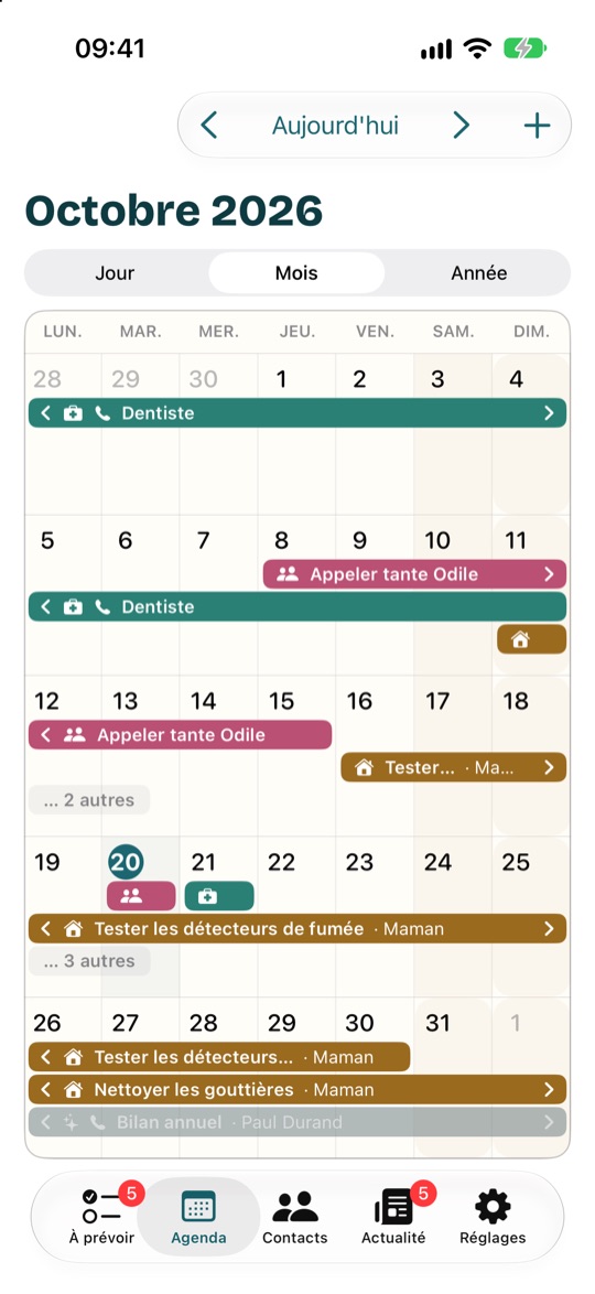 L'agenda en vue Mois : chaque chose s'étend sur les jours de son bon moment
