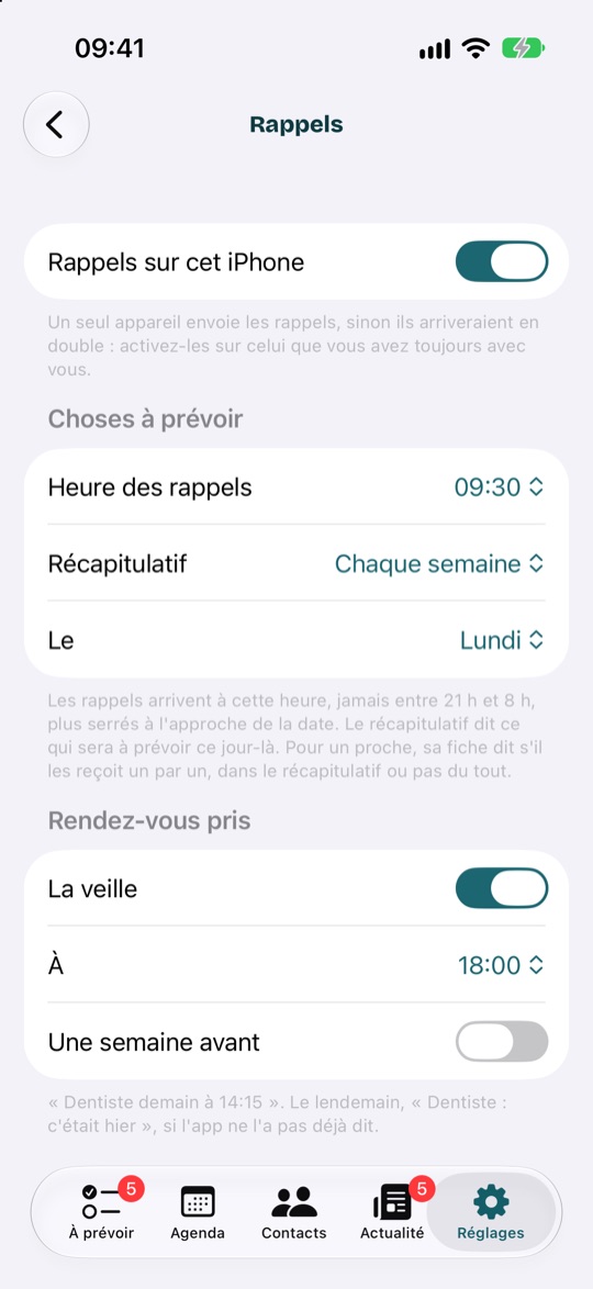 Réglages, Rappels : l'heure des rappels, le récapitulatif, et les rappels des rendez-vous pris