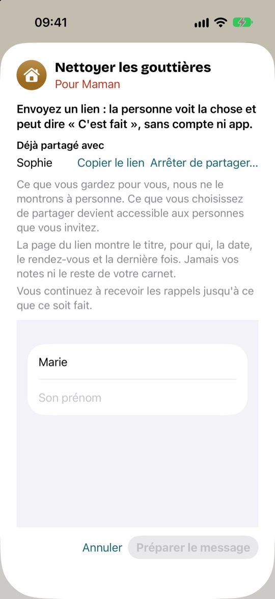 Partager le nettoyage des gouttières : déjà partagé avec Sophie, avec Copier le lien et Arrêter de partager, puis votre prénom et le sien pour un nouveau lien