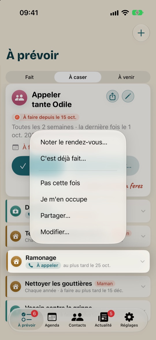 Le menu du ramonage, après un appui long : noter le rendez-vous, c'est déjà fait, pas cette fois, je m'en occupe, partager, modifier