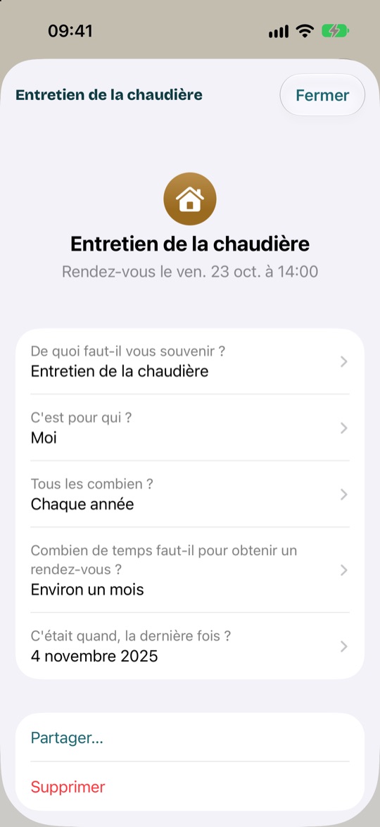 La fiche de l'entretien de la chaudière : ses réponses, puis Partager et Supprimer