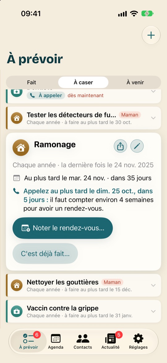 Le ramonage déplié dans À caser : à appeler, au plus tard tel jour, avec le temps qu'il faut pour obtenir un rendez-vous