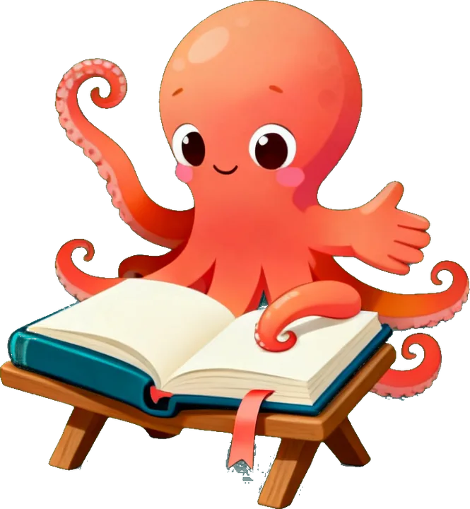 Octave raises a tentacle, the notebook open in front of him on a lectern
