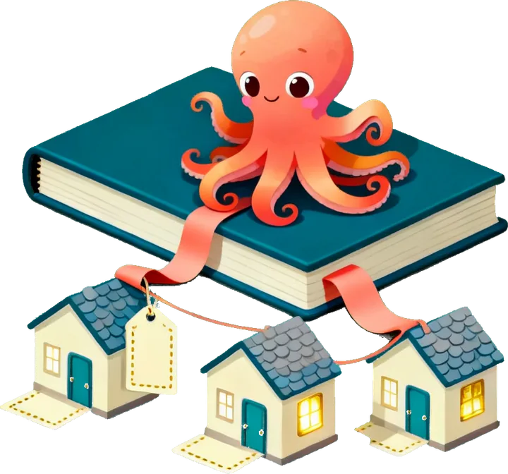 Octave, assis sur le carnet, en déroule le ruban jusqu'à trois petites maisons, une carte devant chacune