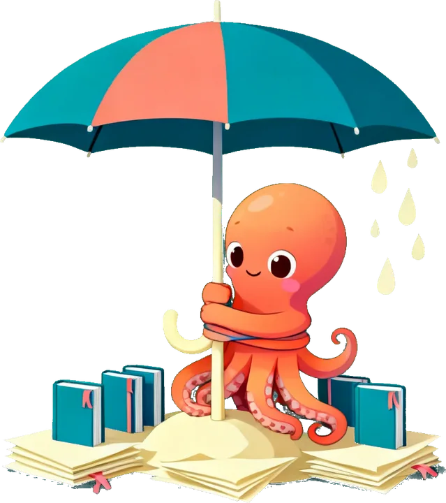 Octave shelters a row of notebooks under a large umbrella